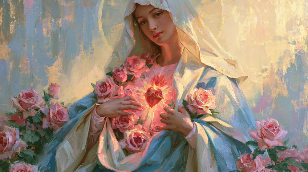 the Immaculate Heart of Mary in an impressionist atmosphere in Impressionist style, landscape Christian artwork no. 15