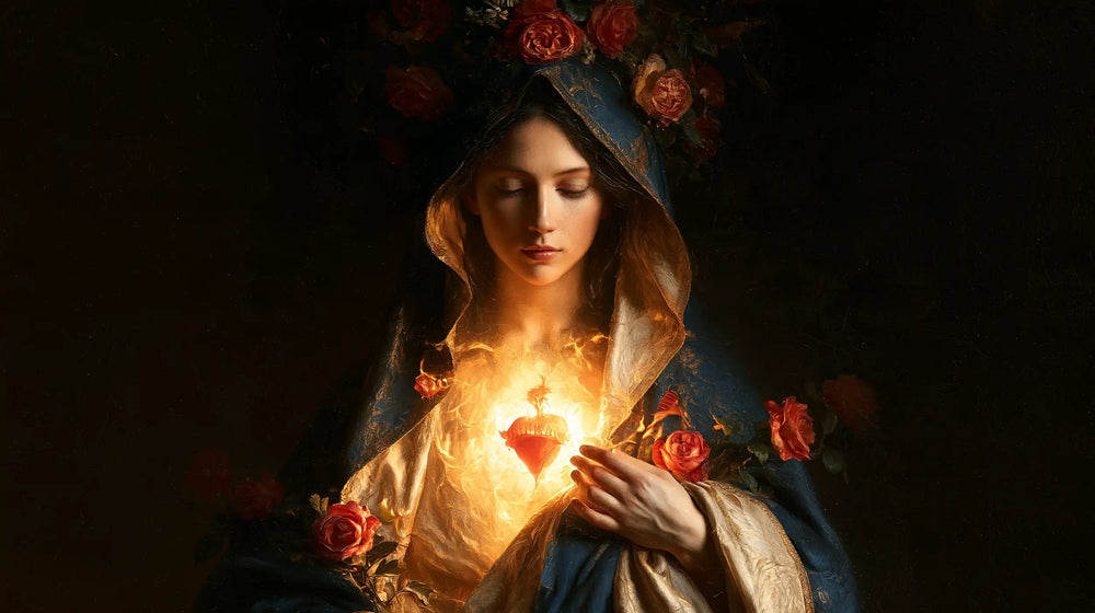 Mary and her Immaculate Heart surrounded by divine light in Mary as Divine Light style, landscape Christian artwork no. 15