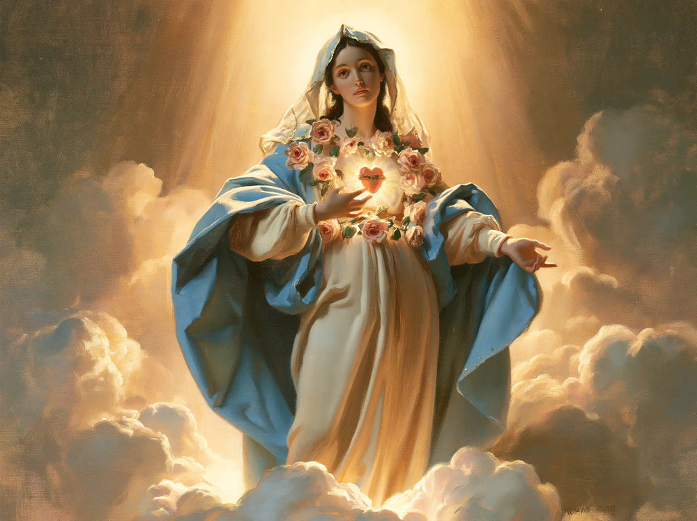 Mary upon the clouds with her Immaculate Heart in Mary upon the Clouds with the Immaculate Heart style, landscape Christian artwork no. 2
