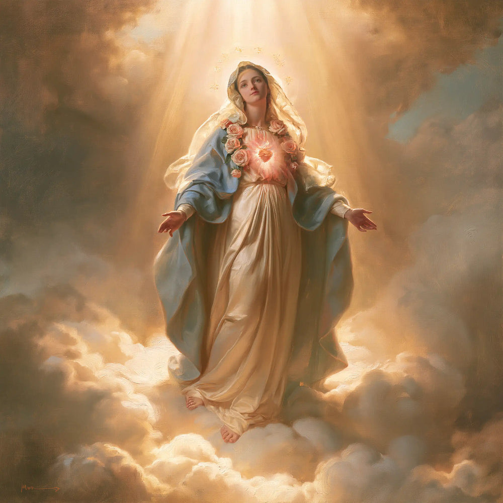 Mary upon the clouds with her Immaculate Heart in Mary upon the Clouds with the Immaculate Heart style, square Christian artwork no. 2