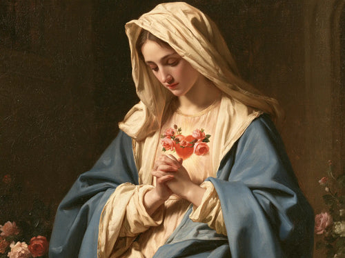 Mary praying with her Immaculate Heart in Mary in Prayer with the Immaculate Heart style, landscape Christian artwork no. 5