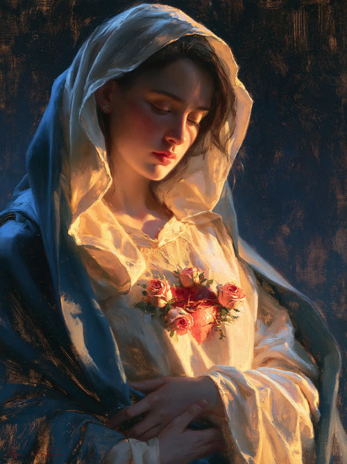 the Immaculate Heart of Mary in midnight-blue chiaroscuro in Midnight Blue Chiaroscuro style, portrait Christian artwork no. 15