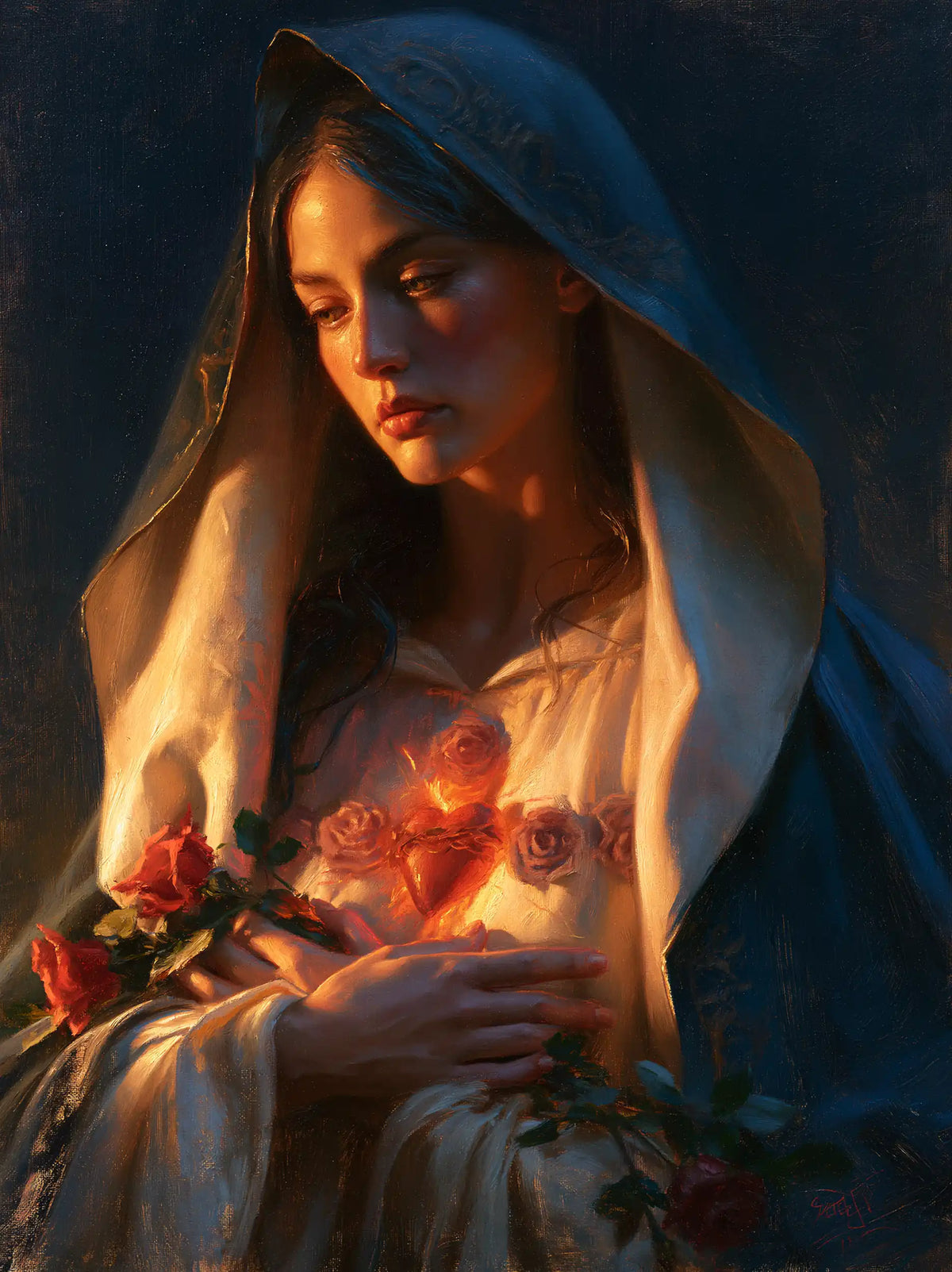the Immaculate Heart of Mary in midnight-blue chiaroscuro in Midnight Blue Chiaroscuro style, portrait Christian artwork no. 16