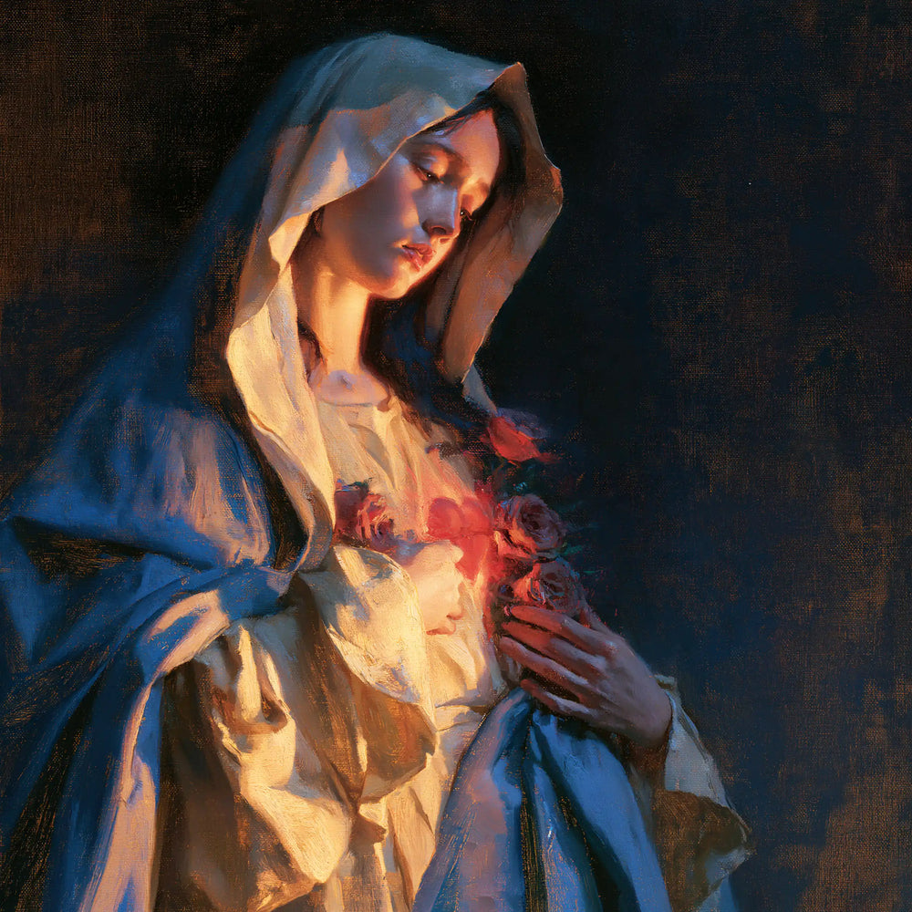 the Immaculate Heart of Mary in midnight-blue chiaroscuro in Midnight Blue Chiaroscuro style, square Christian artwork no. 2
