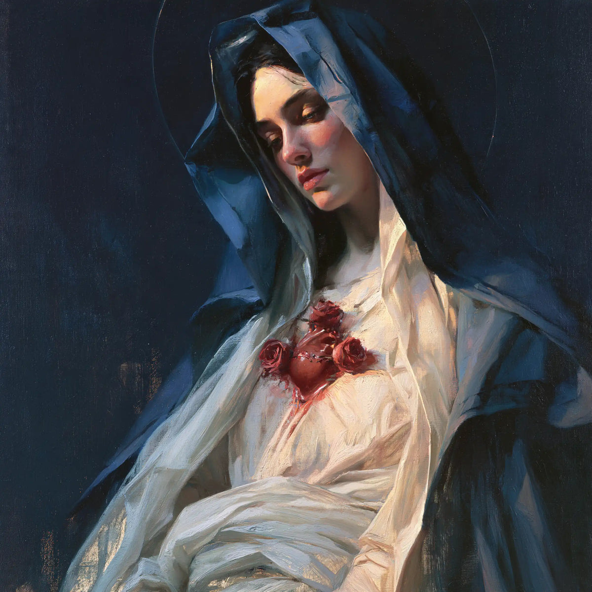 the Immaculate Heart of Mary in midnight-blue chiaroscuro in Midnight Blue Chiaroscuro style, square Christian artwork no. 4