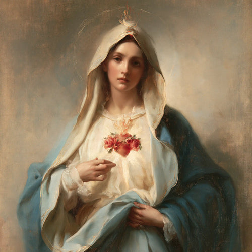 the peace and purity of the Immaculate Heart of Mary in Peace and Purity of Mary's Heart style, square Christian artwork no. 8