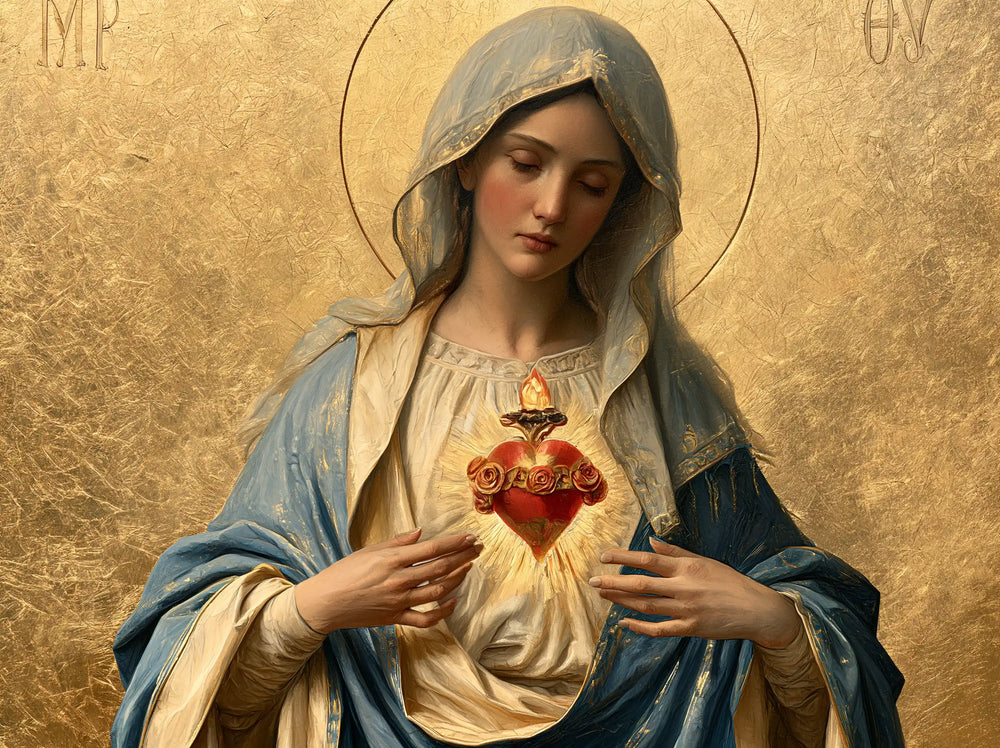 Mary revealing her Immaculate Heart in Sacred Gold style, landscape Christian artwork no. 2