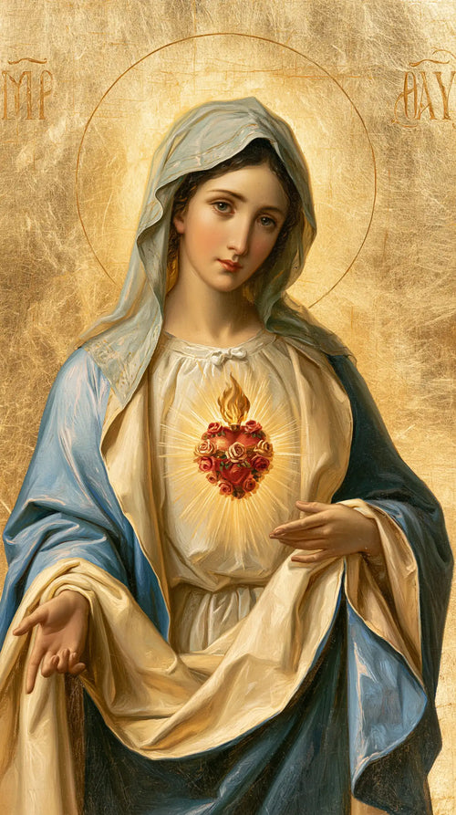 Mary revealing her Immaculate Heart in Sacred Gold style, portrait Christian artwork no. 5