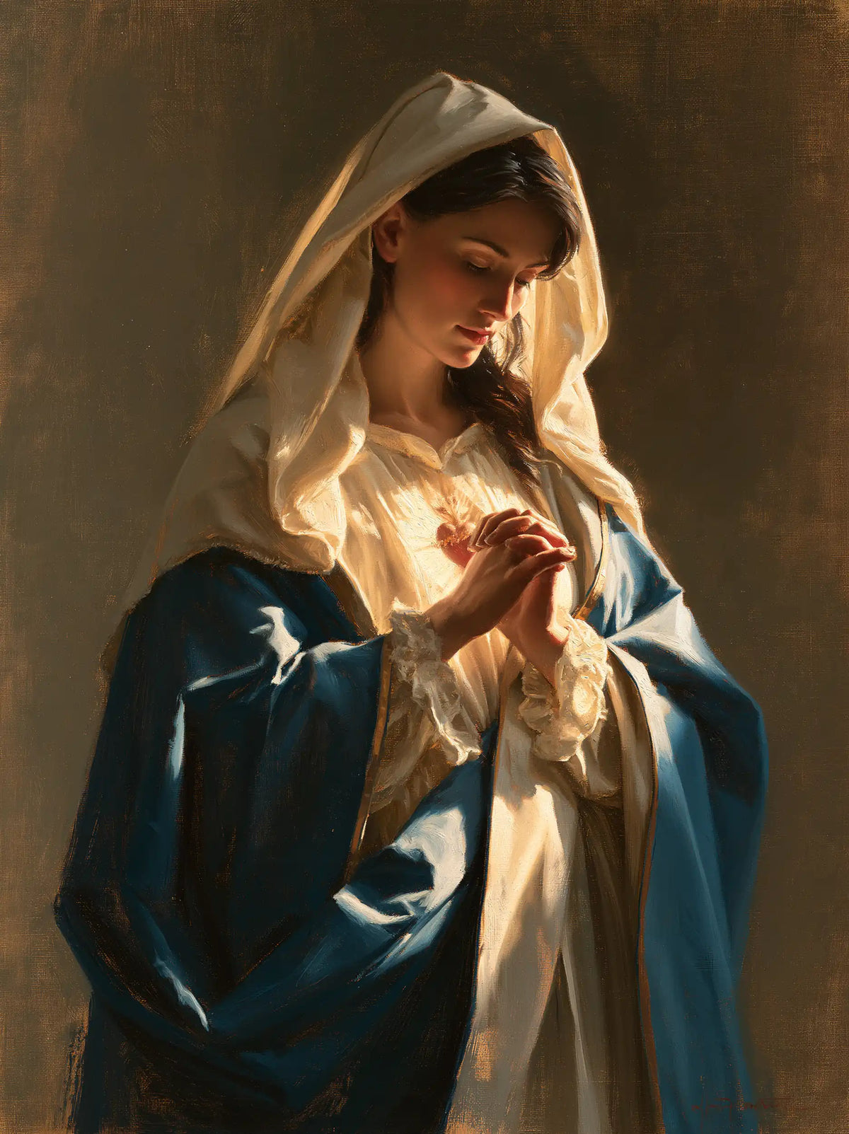 the Immaculate Heart of Mary in devotional silence in The Silence of Devotion style, portrait Christian artwork no. 8