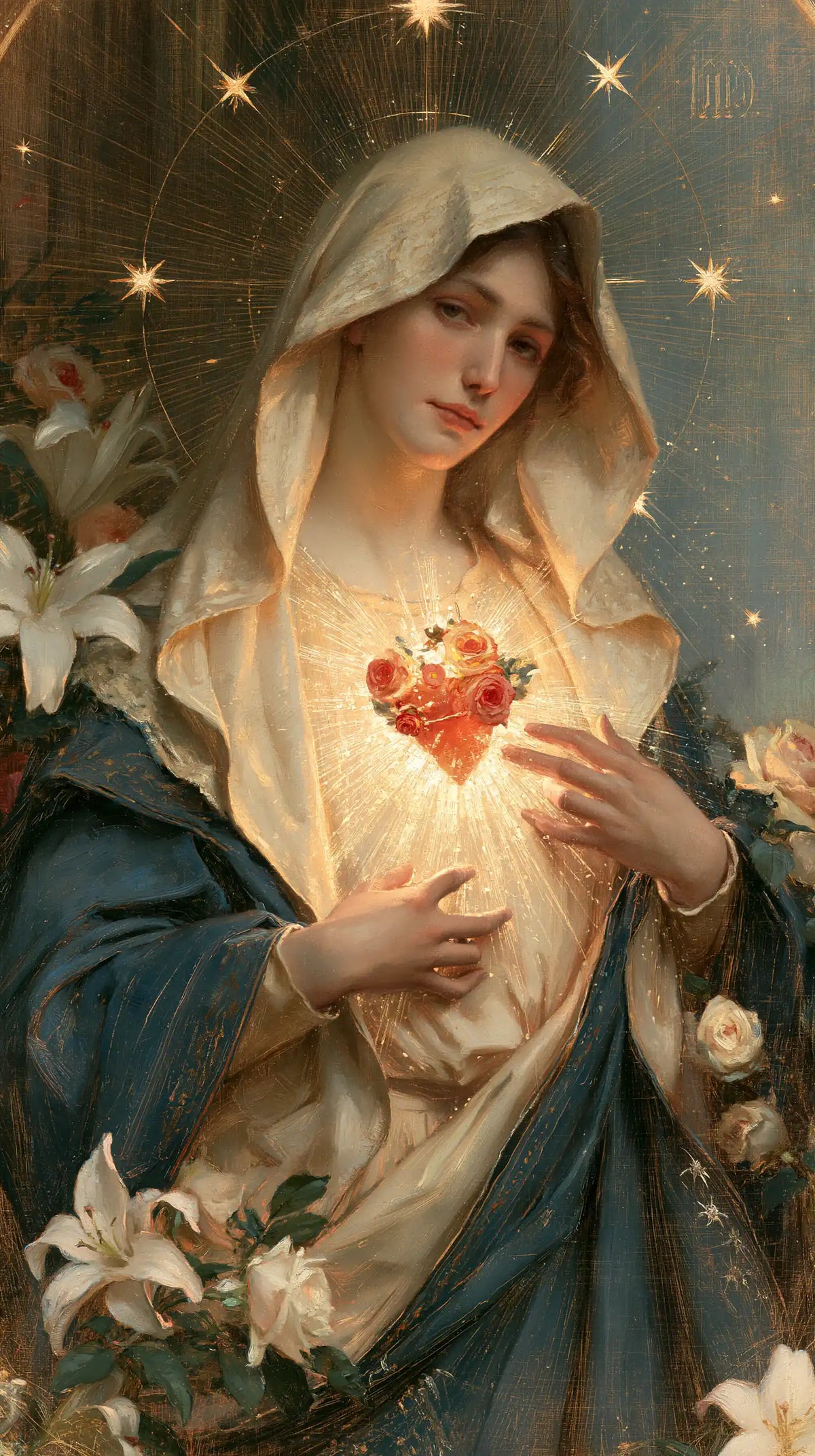 the Immaculate Heart of Mary in a symbolist composition in Symbolist style, portrait Christian artwork no. 4