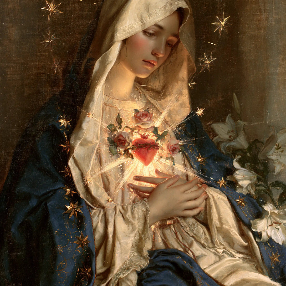 the Immaculate Heart of Mary in a symbolist composition in Symbolist style, square Christian artwork no. 5
