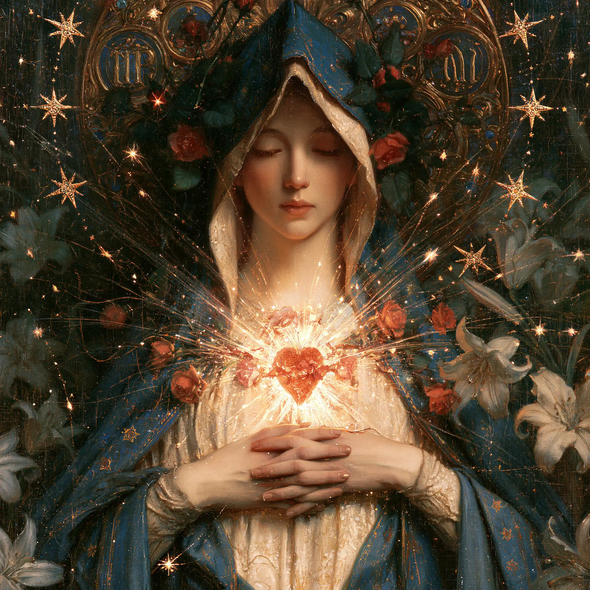 the Immaculate Heart of Mary in a symbolist composition in Symbolist style, square Christian artwork no. 6