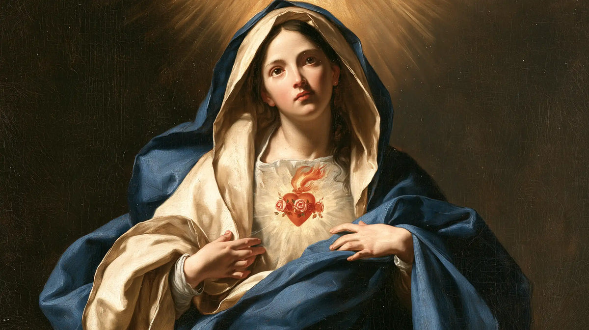 the Immaculate Heart of Mary in a theatrical Baroque scene in Theatrical Baroque style, landscape Christian artwork no. 14