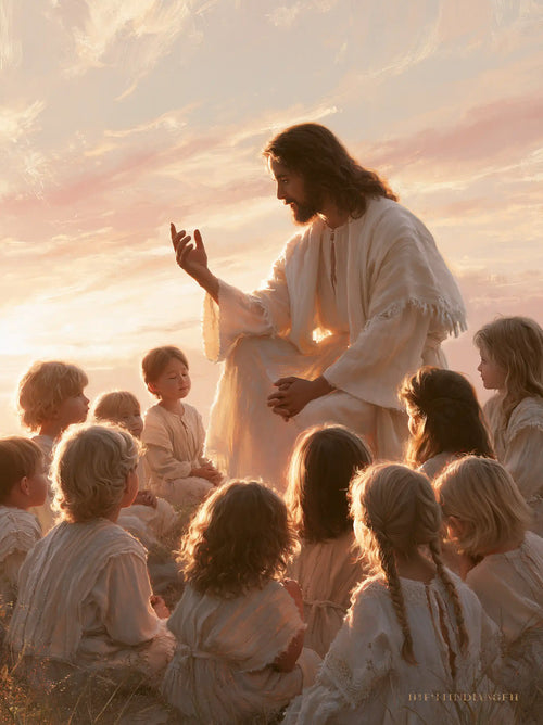 Jesus and the children gathered at dawn in Jesus and the Children at Dawn style, portrait Christian artwork no. 11