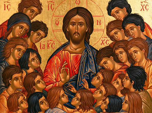 Jesus and the children in a contemporary Byzantine icon in Contemporary Byzantine style, landscape Christian artwork no. 4