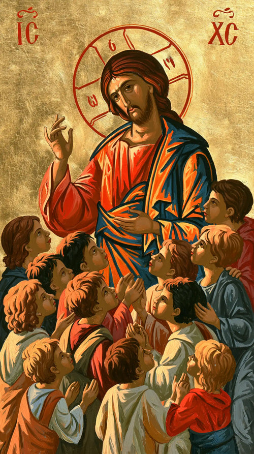 Jesus and the children in a contemporary Byzantine icon in Contemporary Byzantine style, portrait Christian artwork no. 2