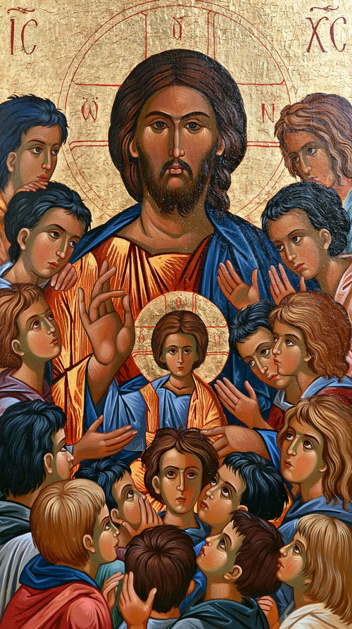 Jesus and the children in a contemporary Byzantine icon in Contemporary Byzantine style, portrait Christian artwork no. 3