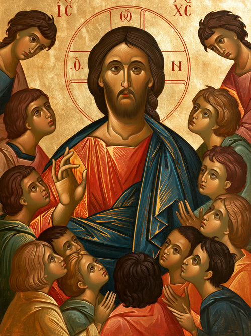 Jesus and the children in a contemporary Byzantine icon in Contemporary Byzantine style, portrait Christian artwork no. 14