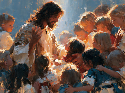 Jesus surrounded by children in an expressionist composition in Expressionist style, landscape Christian artwork no. 3