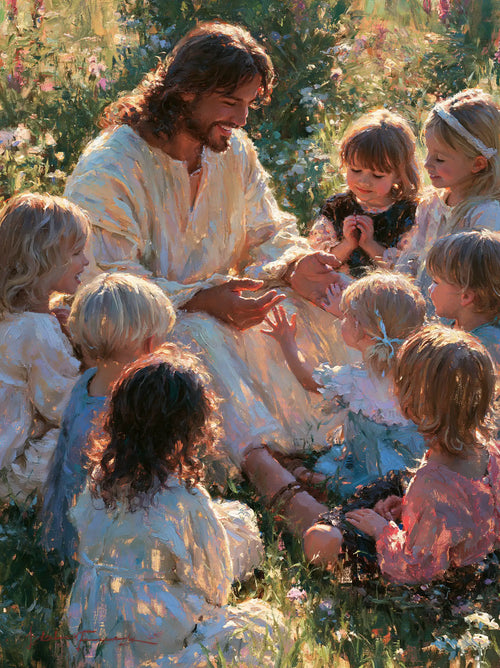 Jesus with children in an impressionist atmosphere in Impressionist style, portrait Christian artwork no. 15