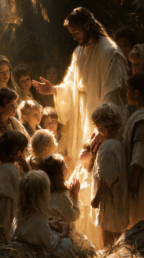 Jesus as divine light among the children in Jesus as Divine Light style, portrait Christian artwork no. 3