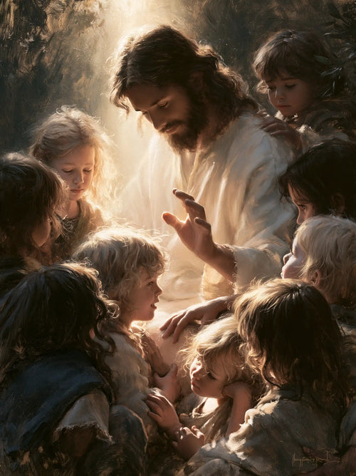 Jesus as divine light among the children in Jesus as Divine Light style, portrait Christian artwork no. 8