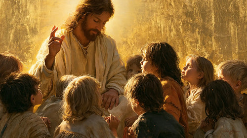 Jesus welcoming children in radiant golden light in Sacred Gold style, landscape Christian artwork no. 15