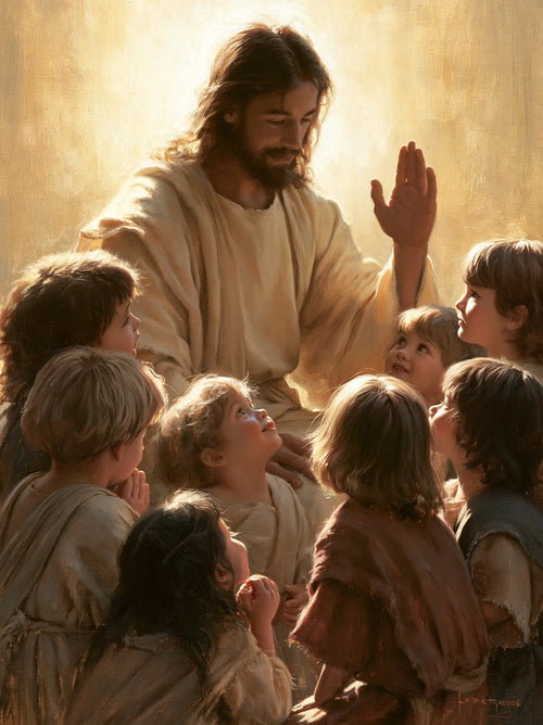 Jesus welcoming children in radiant golden light in Sacred Gold style, portrait Christian artwork no. 10