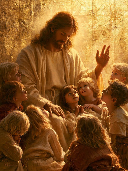 Jesus welcoming children in radiant golden light in Sacred Gold style, portrait Christian artwork no. 14