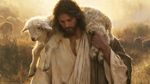 Jesus and the lamb in a cinematic biblical landscape in Biblical Cinema style, landscape Christian artwork no. 10