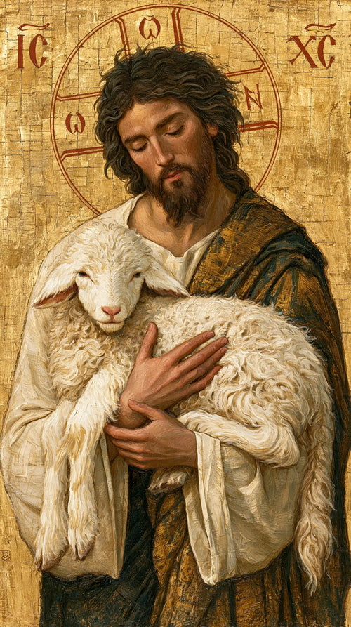 Jesus and the lamb in a contemporary Byzantine icon in Contemporary Byzantine style, portrait Christian artwork no. 4