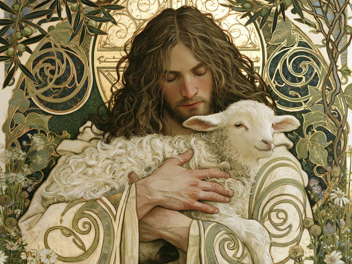 Jesus and the Lamb — Repose in Sage-Green Scrolls