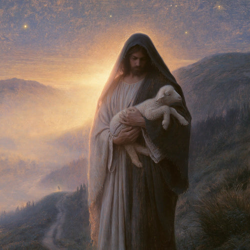 Jesus and the lamb in a symbolist composition in Symbolist style, square Christian artwork no. 7