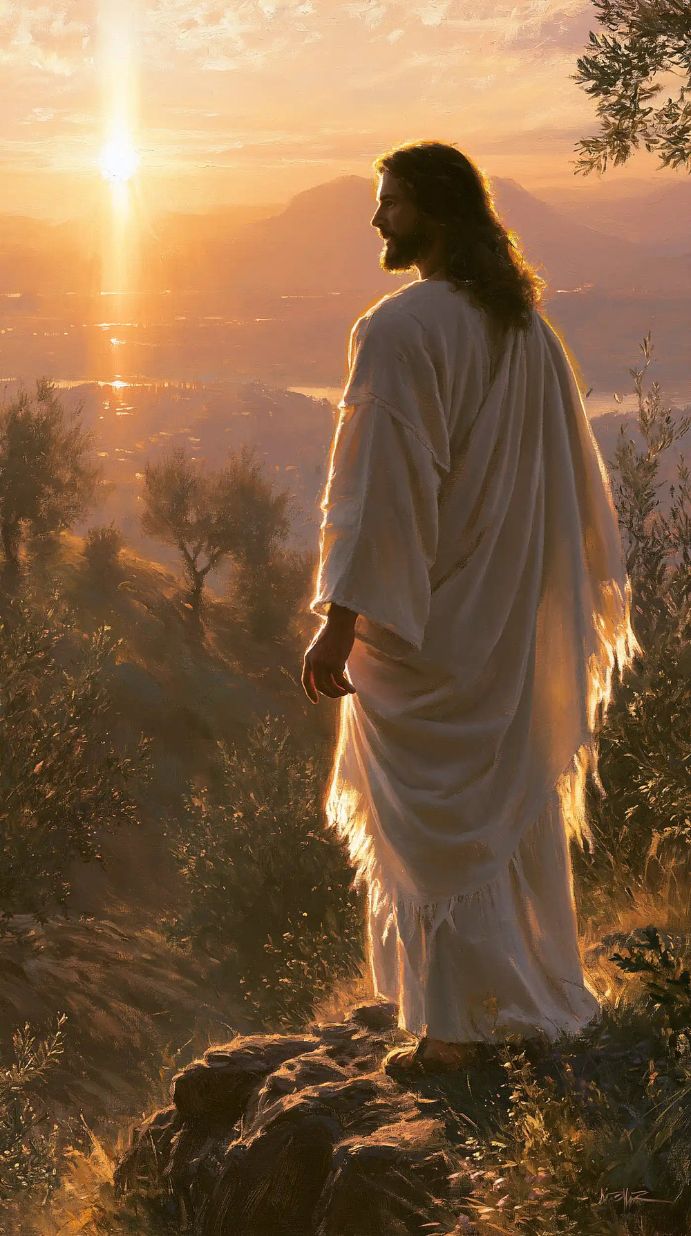 Jesus walking along a hillside at sunset in Sacred Silence style, portrait Christian artwork no. 14