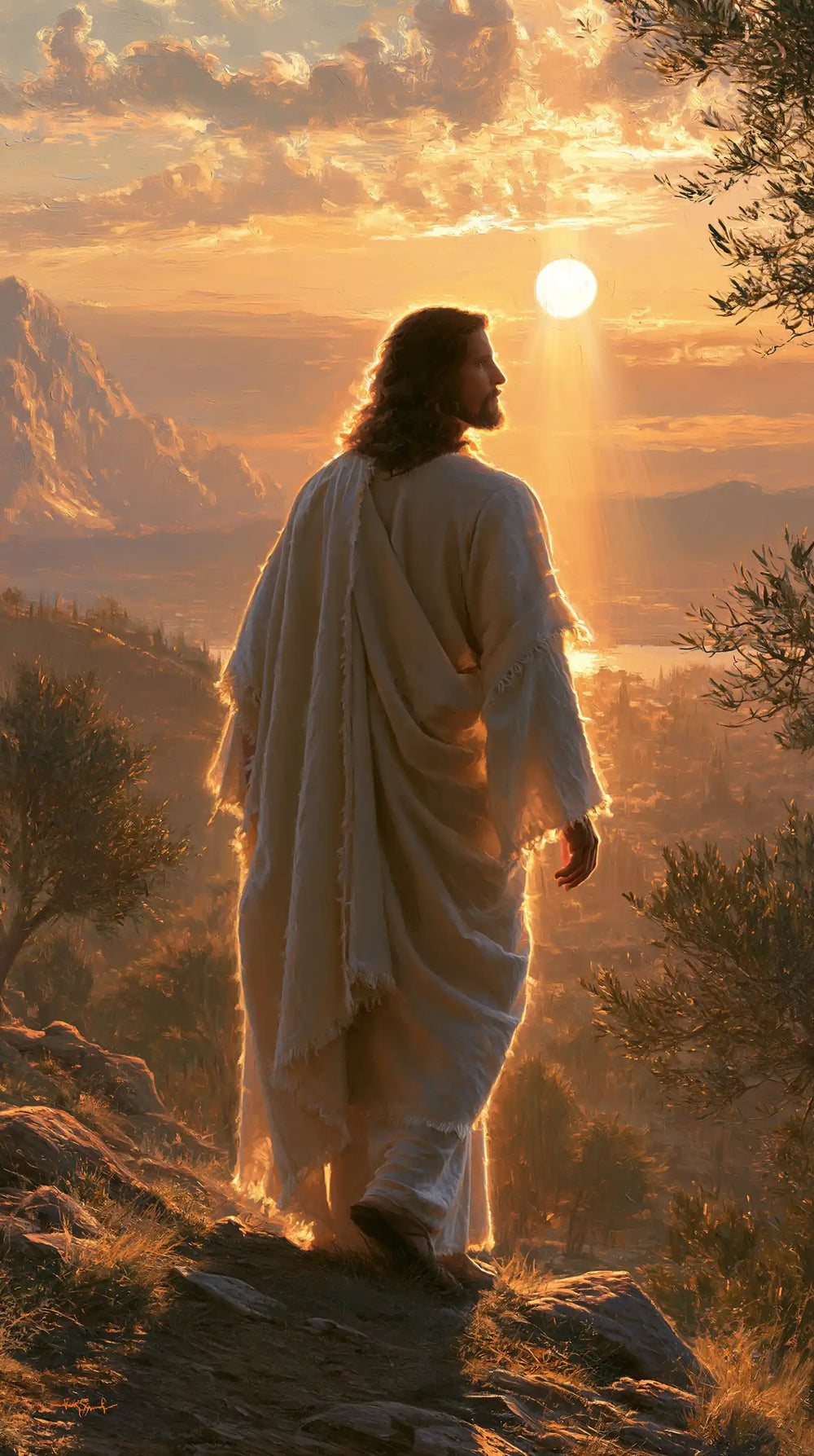 Jesus walking along a hillside at sunset in Sacred Silence style, portrait Christian artwork no. 21
