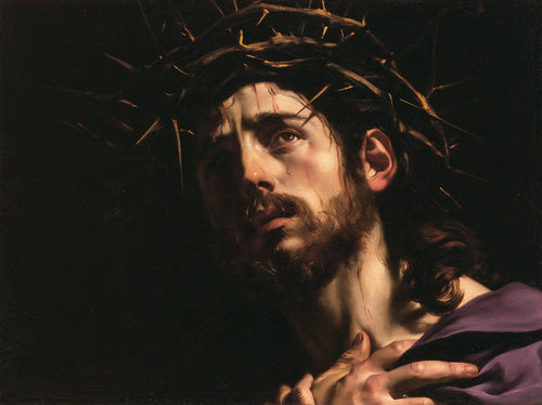 Jesus crowned with thorns in dramatic chiaroscuro in Caravaggio Tenebrism style, landscape Christian artwork no. 2