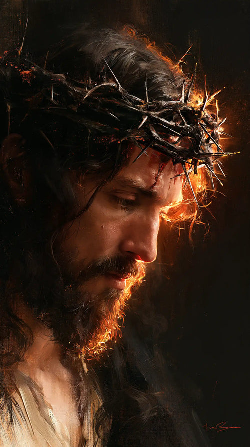 Jesus crowned with thorns as divine light in suffering in Jesus as Divine Light in Suffering style, portrait Christian artwork no. 1