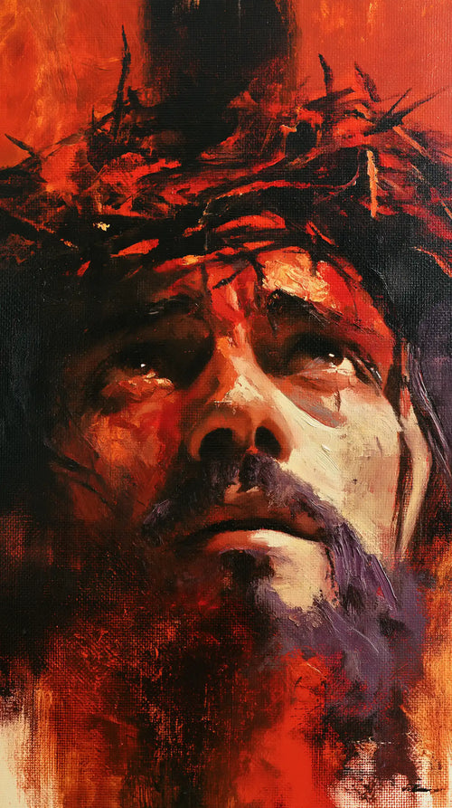 Jesus crowned with thorns in an expressionist composition in Expressionist style, portrait Christian artwork no. 6