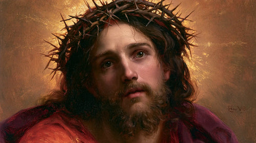 Jesus crowned with thorns in red, violet and gold in Crown of Thorns in Red, Violet and Gold style, landscape Christian artwork no. 10