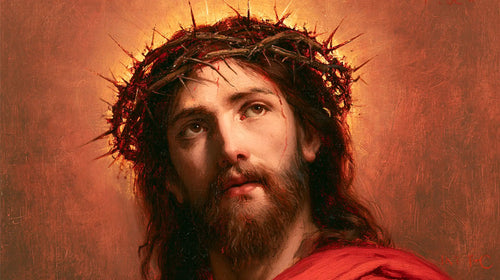 Jesus crowned with thorns in red, violet and gold in Crown of Thorns in Red, Violet and Gold style, landscape Christian artwork no. 15