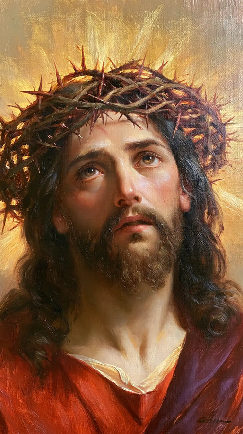 Jesus crowned with thorns in red, violet and gold in Crown of Thorns in Red, Violet and Gold style, portrait Christian artwork no. 1
