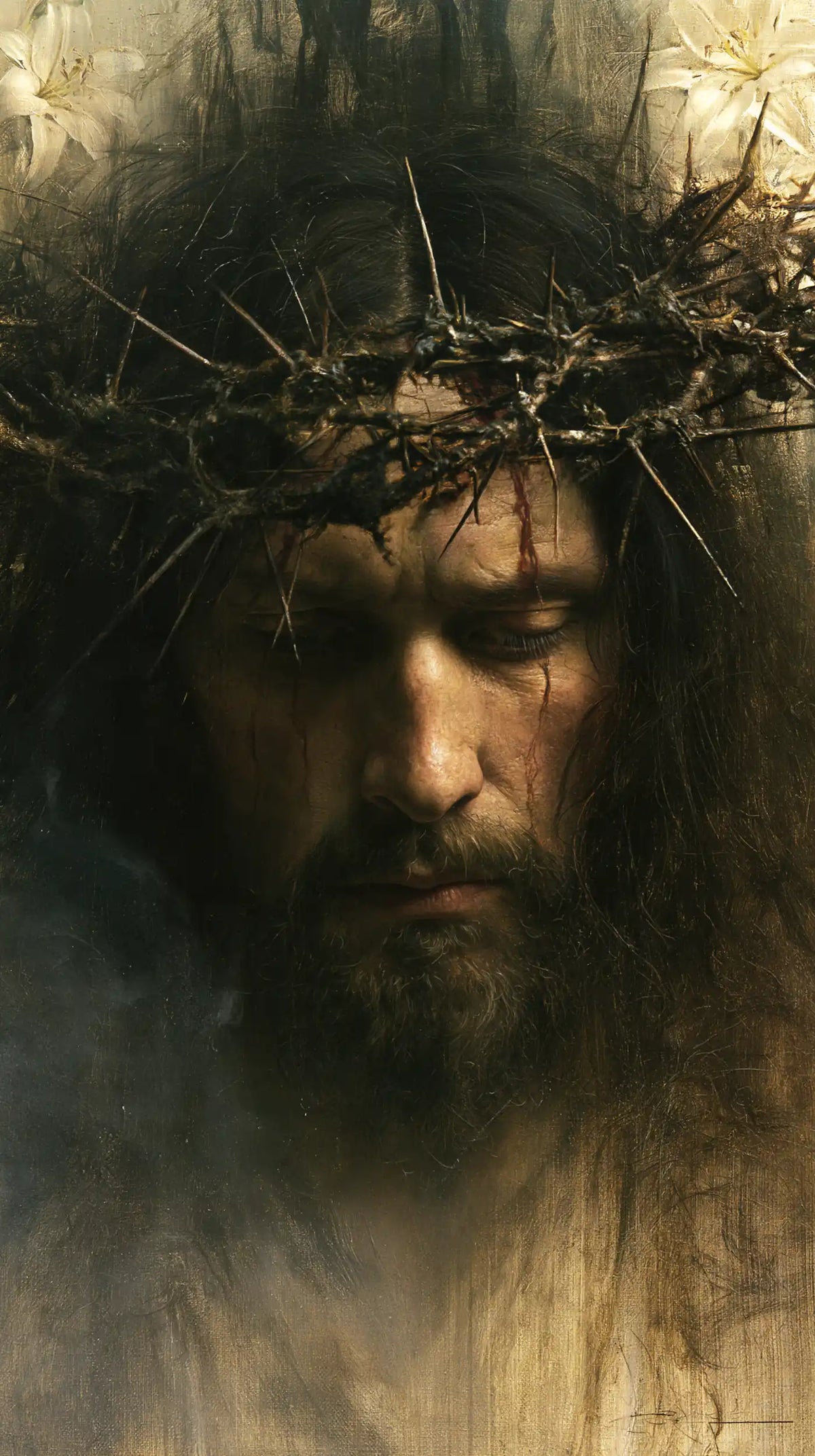 Jesus Crowned with Thorns — The Bowed Brow beneath Distant Flowers