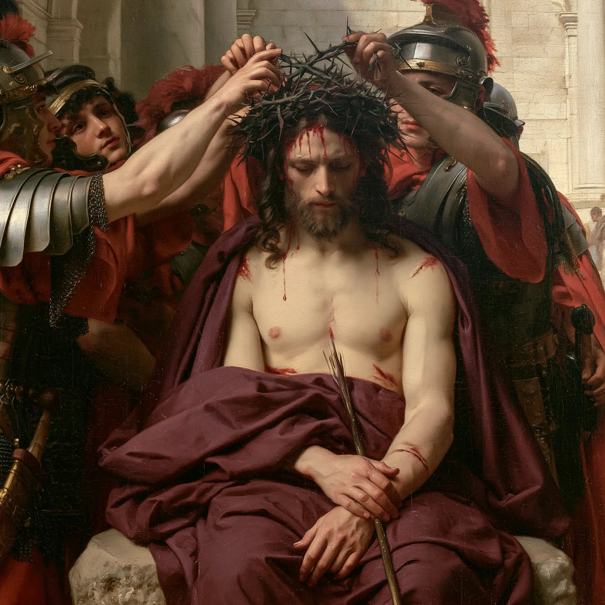 Jesus Crowned with Thorns — The Silent King before the Crimson Wall