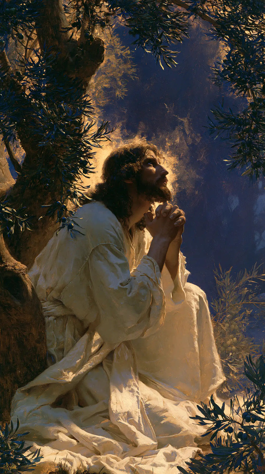 Jesus in Gethsemane — Prayer with a Flame-Rimmed Brow