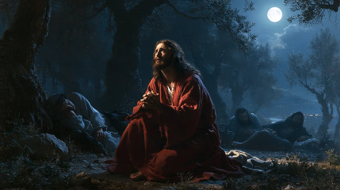 Jesus in Gethsemane — Scarlet among Sleeping Shadows