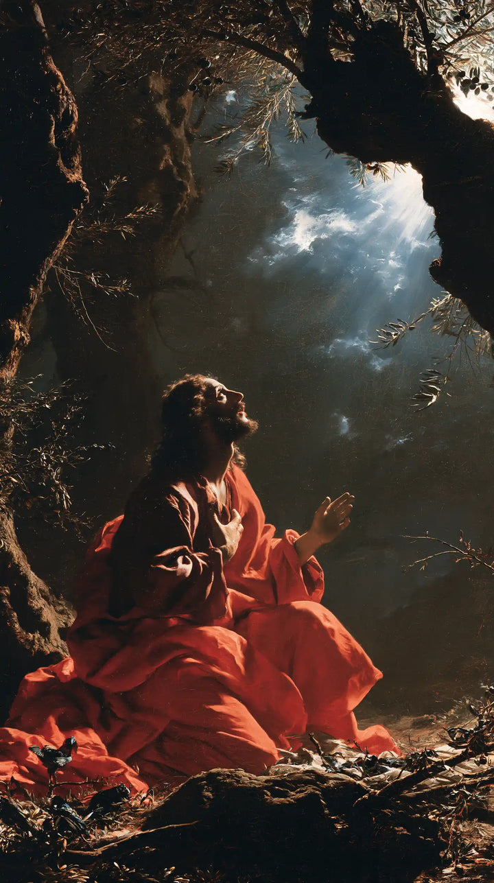 Jesus in Gethsemane — Red beneath the Heavenly Window