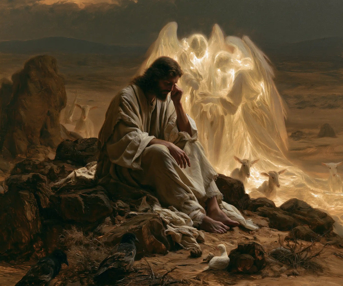 angels ministering to Jesus after the temptation in Angels After the Temptation style, landscape Christian artwork no. 4