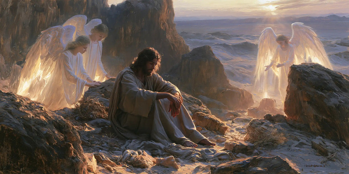 angels ministering to Jesus after the temptation in Angels After the Temptation style, landscape Christian artwork no. 19