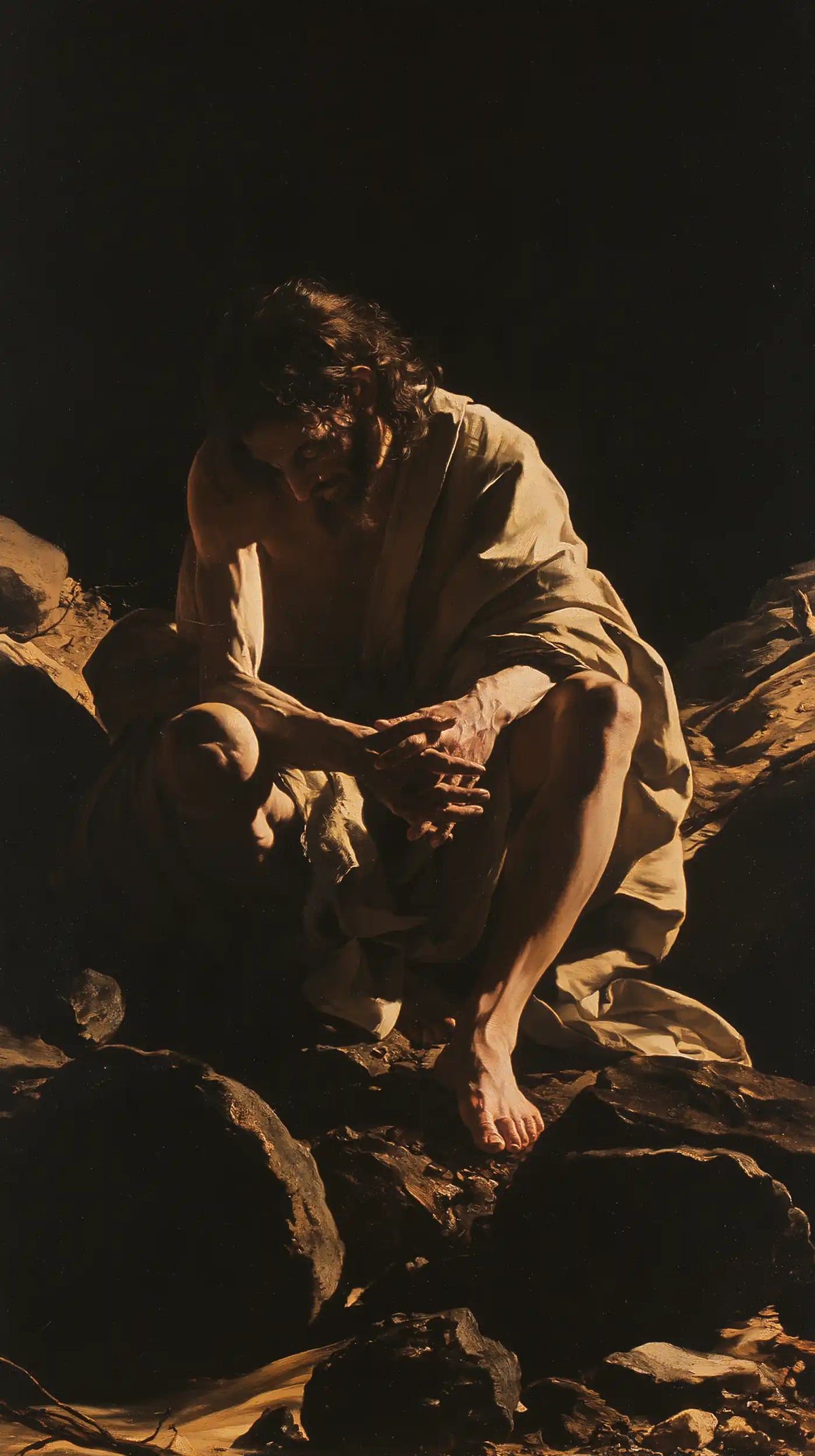 Jesus in the desert during the temptation in Caravaggio Tenebrism style, portrait Christian artwork no. 14