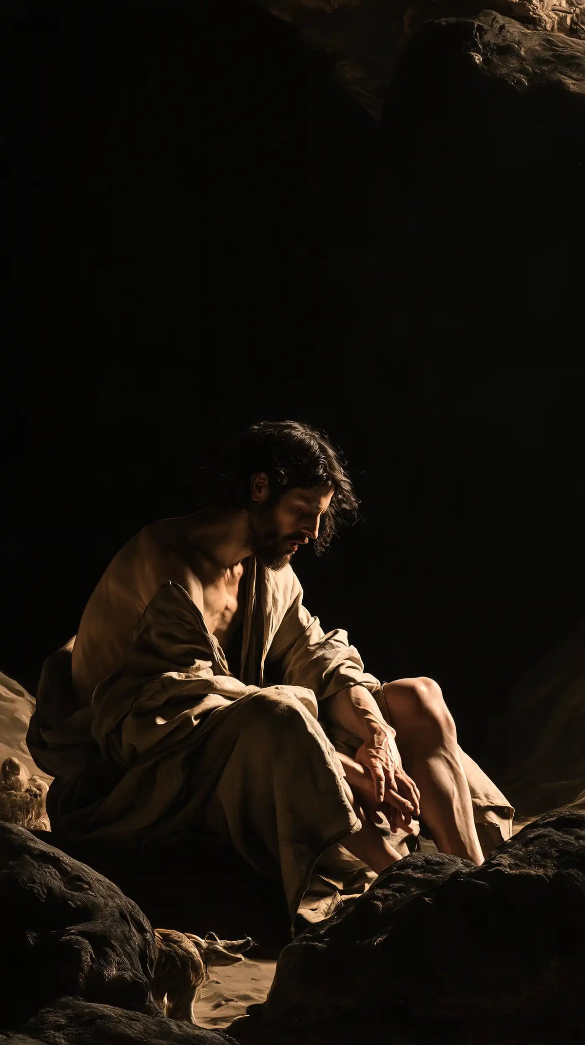 Jesus in the desert during the temptation in Caravaggio Tenebrism style, portrait Christian artwork no. 15